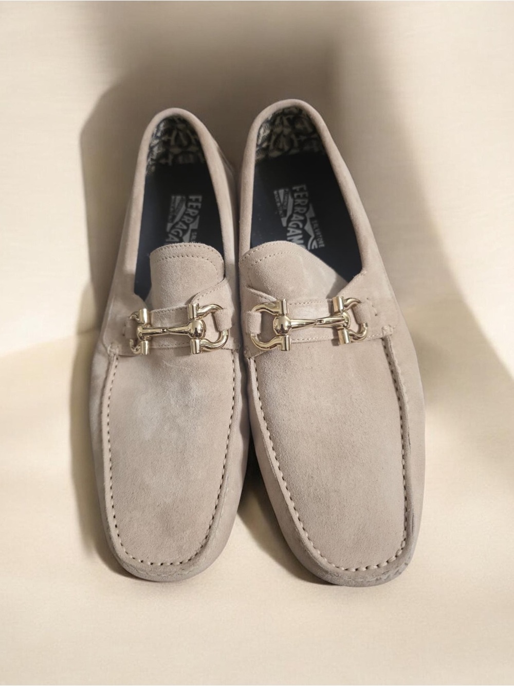 Salvatore Ferragamo Men’s Suede Loafers in Light beige with Gold Hardware